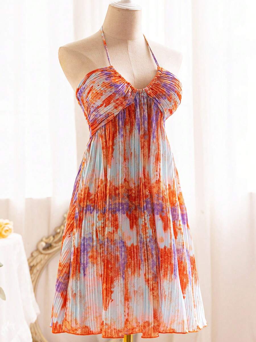 Soleia 女性休閒浪漫復活節/畢業季/假日連身裙，適合派對、花園茶會、海灘，由橘色和紫色漸變的染色，褶皺和精緻紋理的面料，彈性領口和腰band，流動下擺