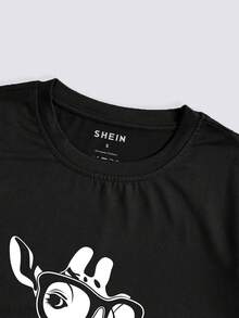 SHEIN LUNE Áo thun nữ cổ tròn ngắn tay mùa hè có in hình hươu cao cổ - màu đen - Xem 3