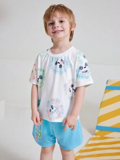 We Bare Bears X SHEIN Young Boy Casual Tie-Dye Cartoon Bear Printed Oversized Drop-Shoulder T-Shirt And Shorts Set For Summer