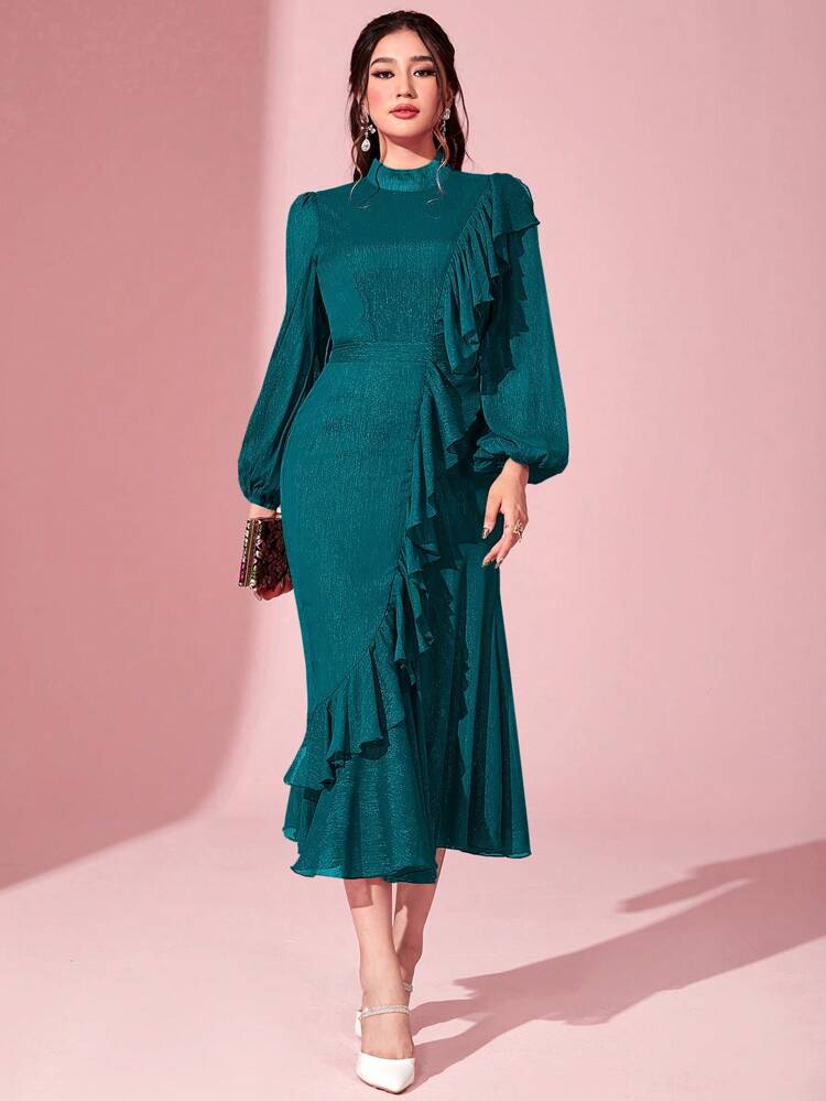 Women's Fashionable Long Sleeve Lace Trimmed Arab Style Bodycon Dress For Summer Long Evening Dresses