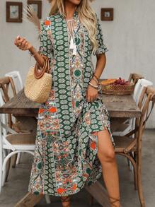 SHEIN LUNE Ladies' Holiday Floral Print Random Cut Lace-Up Tassel Neck Straight Dress - Green - View 1