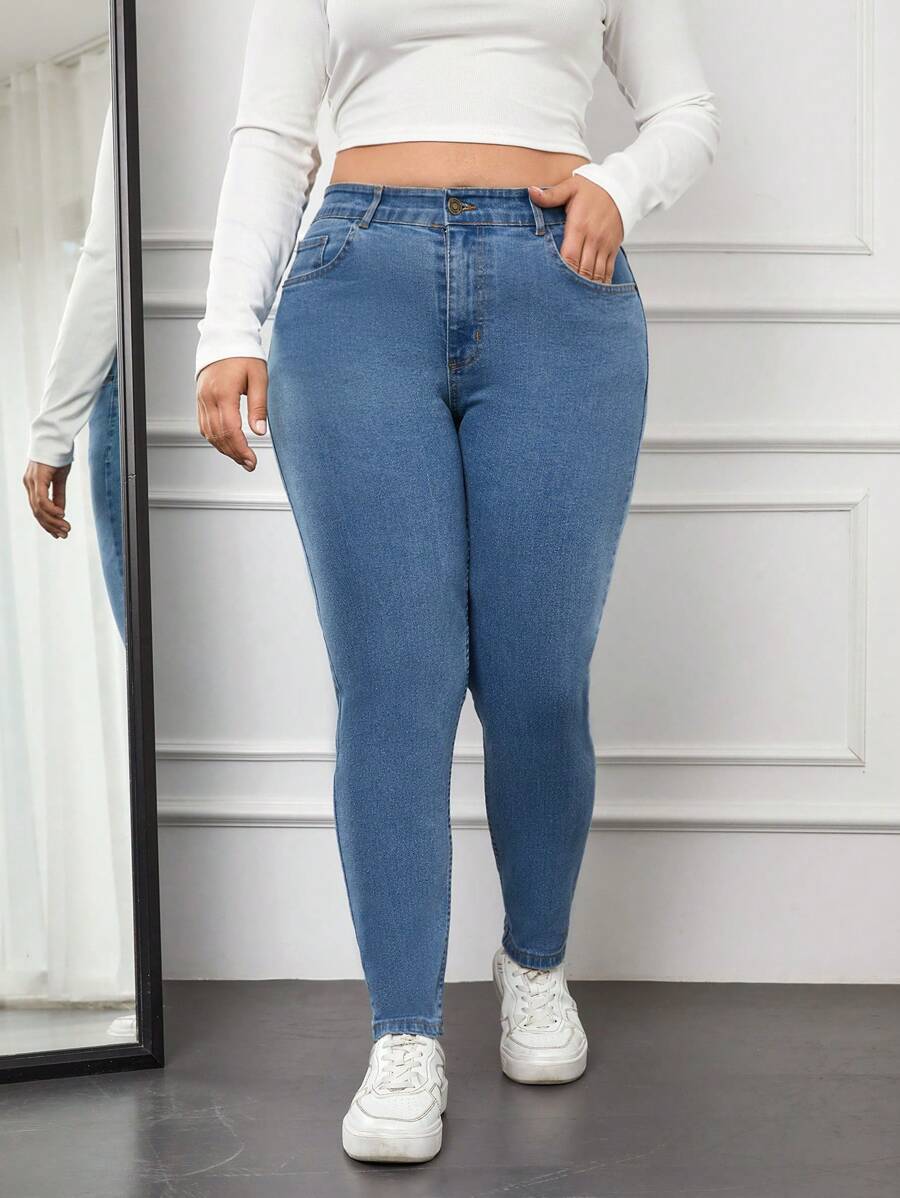 SHEIN Cottnline Plus High Waist Skinny Jeans - Blue - View 1