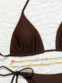 SHEIN Swim Women's Solid Color Halter Strap Bra & Swim Bottom Sexy Bikini Set, With Detachable Waist Belt And Waist Chain (Random Color), 3pcs, Summer Beach Bathing Suit