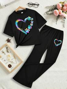 SHEIN Leap Crew 青少年女孩两件套服装，夏季套装，休闲心形印花短袖和长裤，适合夏季 - 黑色 - 查看 1