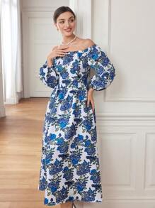 Mulvari Rochie de vară pentru femei, cu mânecă lanternă, cu imprimeu floral, lung, elegantă, pentru vacanță