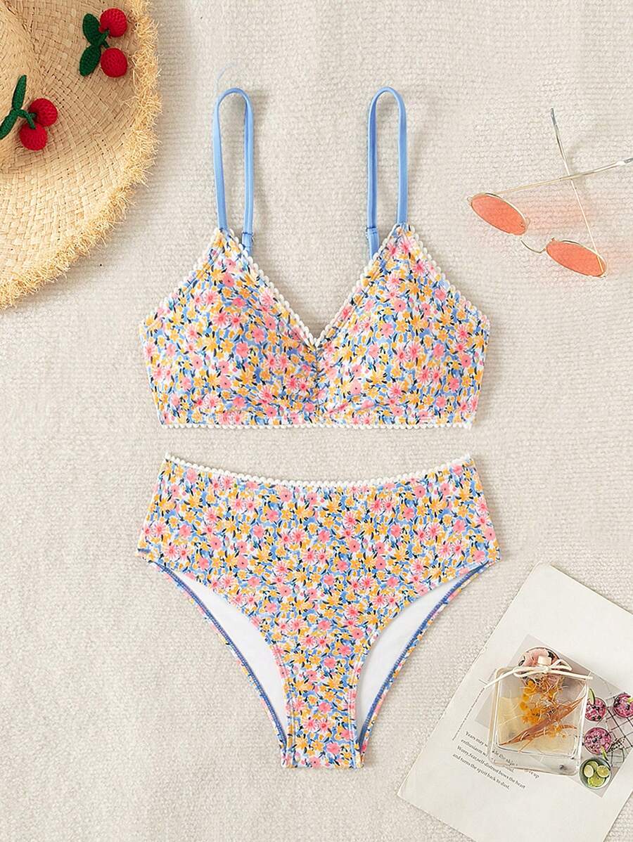SHEIN Swim Women's Ditsy Floral Sexy Bikini Set For Vacation, Random Print Pattern,Summer Beach