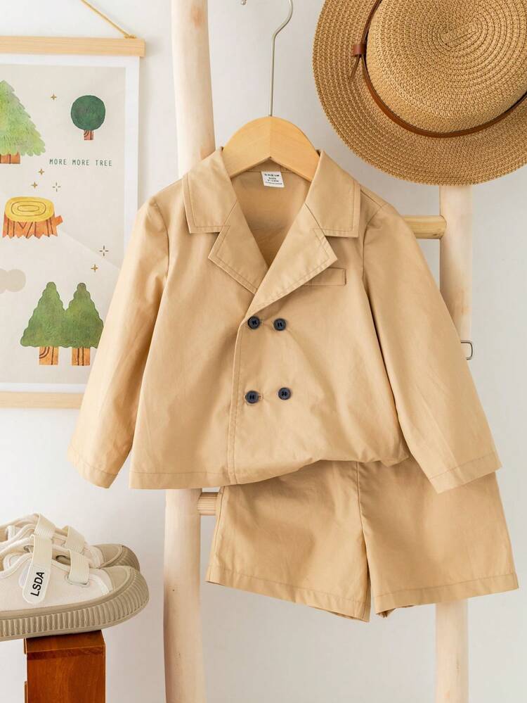 Baby Boy Cute Simple Color Gentleman Style Suit, Long Sleeve Jacket With Loose Shorts