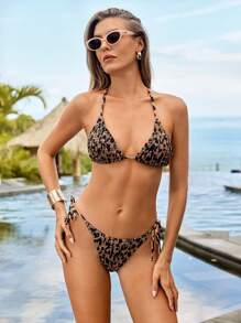 SHEIN Swim Women's 2025 Leopard Print Ruffled Halter Tie Front Bikini Swimwear Set For Beach Vacation, Summer