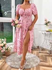 SHEIN LUNE 大码波西米亚风短袖花卉印花开叉浪漫假日连衣裙夏季女装 - 粉色 - 查看 7