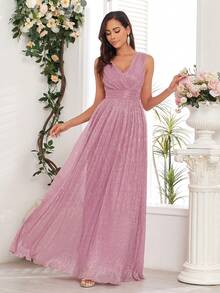 Double V-Neck Sparkly Bridesmaid Dress - Dusty Pink - View 5