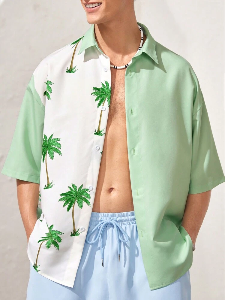 Men's Beach Outfits, Summer Vacation Lightweight Breathable Woven Casual Hawaiian Shirt With Coconut Tree Pattern And Oversized Size, Suitable For Beach And Surfing