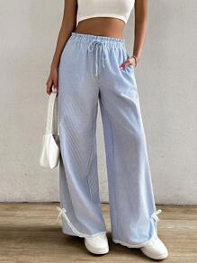 SHEIN EZwear Women's Fashionable Striped Wide Leg Pants With Bowknot Decoration
