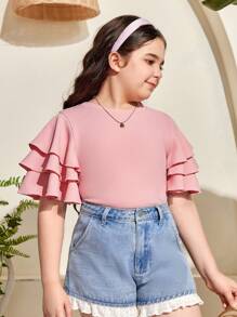 SHEIN Tween Girl Extended Size Loose Casual 3-Layer Ruffled Texture Knitted Round Neck T-Shirt