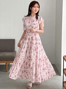 FRIFUL Women's Summer Floral Printed Cap Sleeve Midi Dress With Ruffled Trim Sundress