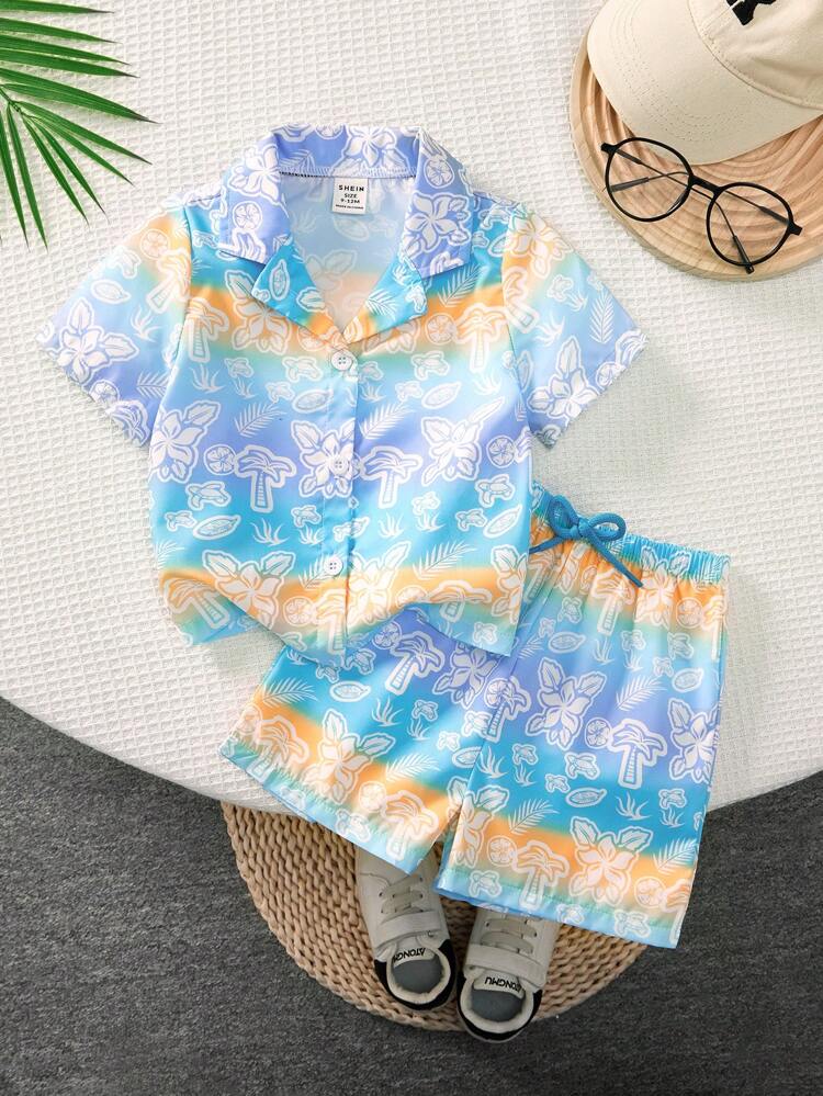 2pcs Baby Boys Casual Gradient Color Shirt And Shorts Set For Summer Vacation