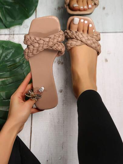Women's Square Toe Flat Sandals, Woven Strap Creative Fashion Design, Casual Daily Wear, Korean Minimalist Style Flat Sandals