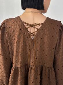 FRIFUL Women's Solid Color Lantern Sleeve Casual Long Sleeve Shirt With Back Tied Straps,Ruffle School - Khaki - View 6