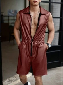 Manfinity Homme 男式純色無袖連身褲，帶拉鍊、打結腰帶和口袋，適合夏季 - 酒紅色 - 查看 5