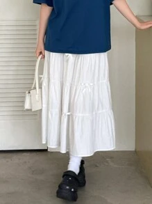 DAZY Women's Solid Color Bow Decorated Ruffle Hem Casual Skirt For Summer