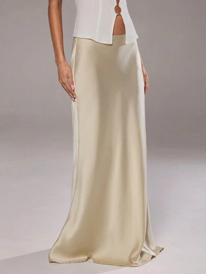 Aloruh Women's Elegant Simple Romantic Date Commuting To Work Fashionable And Versatile Solid Color Basic Satin Satin Apricot Low-Waisted Maxi Skirt