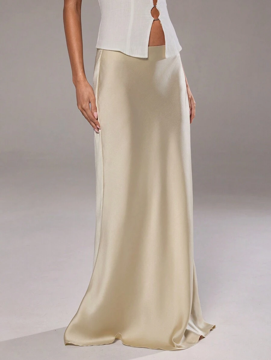 Aloruh Women's Elegant Simple Romantic Date Commuting To Work Fashionable And Versatile Solid Color Basic Satin Satin Apricot Low-Waisted Maxi Skirt - Khaki - View 1