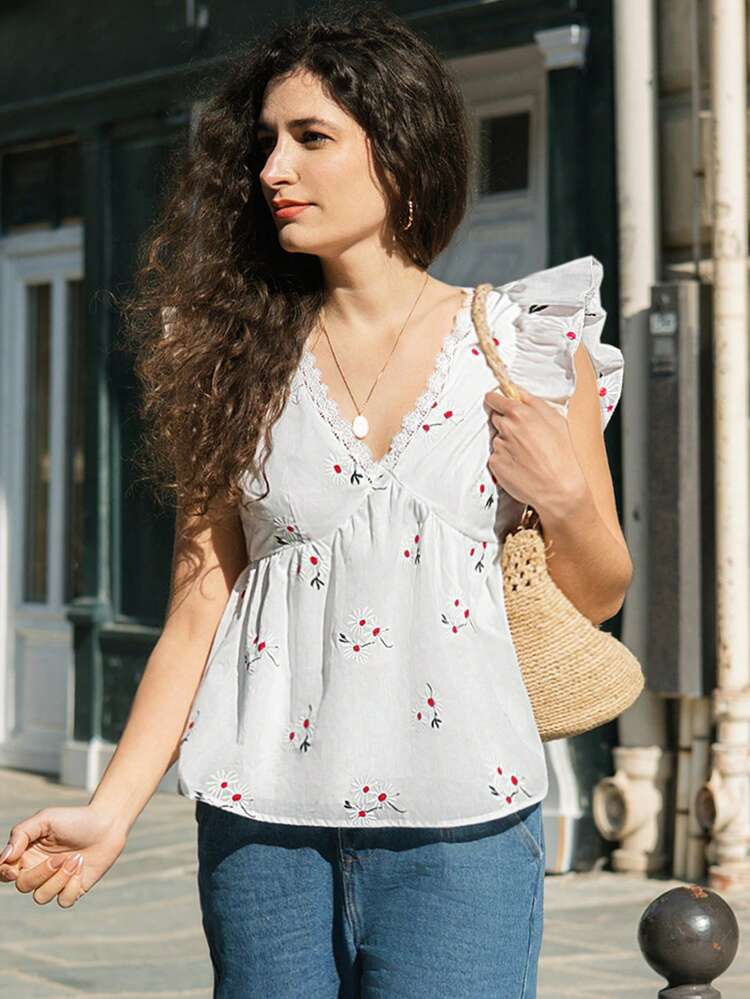 V Neck Daisy Embroidery Top, Summer Top, White Top, Cute Top For Your Summer Outing, Holiday Daily Casual