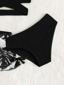 Conjunto de traje de baño de 3 piezas para niña: Falda tipo pareo con estampado tropical, bikini de unicolor con talle alto - Blanco y Negro - Ver 4