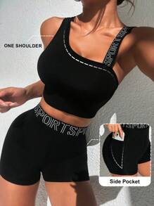 Easithlete Costum sport fără mâneci și pantaloni scurți, cu guler asimetric, cu slogan elastic, pentru antrenament, pentru femei