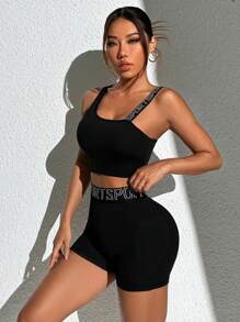 Easithlete Costum sport fără mâneci și pantaloni scurți, cu guler asimetric, cu slogan elastic, pentru antrenament, pentru femei