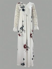 Vestido de mujer con estampado de flores y dobladillo plisado con pequeñas perforaciones, vestido informal de manga larga con cuello en V, largo y elegante - Blanco - Ver 3