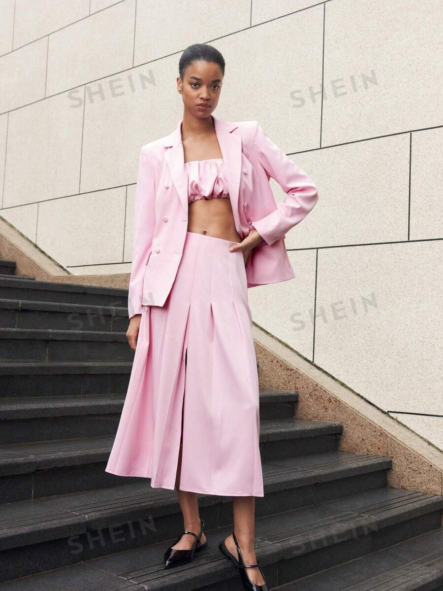 SHEIN BIZwear Women Elegant Blazer With Patch Pocket And Pleated Midi ...