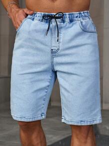 Manfinity Homme Men's Drawstring Waist Casual Bermuda Denim Shorts With Pockets Baggy Jorts Plain Light Blue Work Basic Going Out Vacation Hang Out Tropical Street - Light Wash - View 5