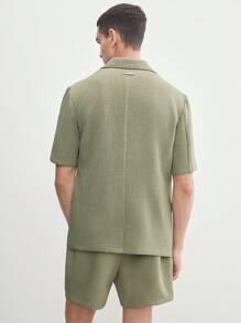 AKNOTIC Business Casual 易護理男士編織商務休閒聚酯氨彈力斜紋布實色西裝外套，配有凸起翻領和短袖，適用於夏季 - 綠色 - 查看 4