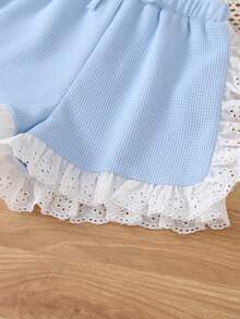 SHEIN Young Girl Comfortable Casual Lace Trimmed Short-Sleeved T-Shirt And Shorts Set - Blue - View 4