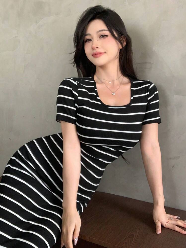 Women Striped Short Sleeve Square Neckline Dress Sundress,Casual Women Dresses