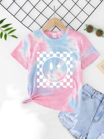 SHEIN Young Girl Lovely Casual Smile Face & Checker Pattern Printed Short Sleeve T-Shirt, Mommy And Me Matching Outfits (2 Pieces Are Sold Separately)