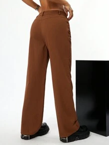 SHEIN EZwear Fashionable Street Style Straight Washed Cotton Trousers, Perfect For Spring And Summer Outfits - Brown - View 2