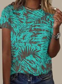 Nueva llegada de camiseta casual para mujer con cuello redondo y mangas cortas con estampado de hojas vintage - Verde - Ver 1