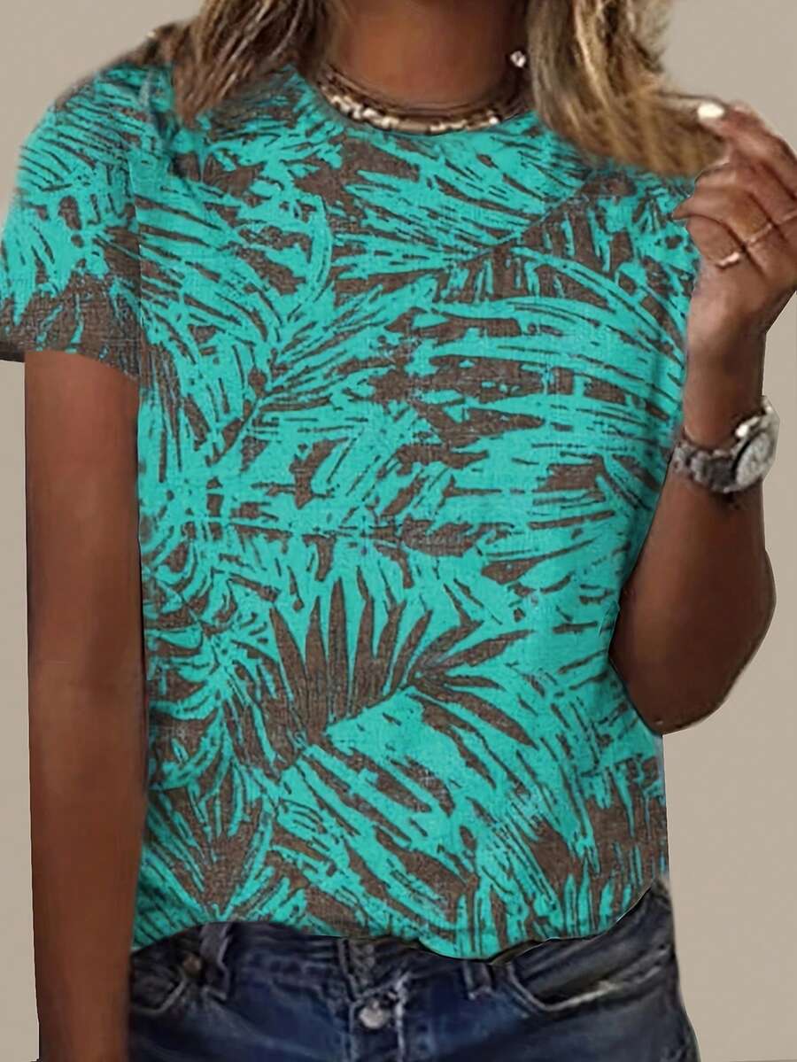 Nueva llegada de camiseta casual para mujer con cuello redondo y mangas cortas con estampado de hojas vintage - Verde - Ver 1