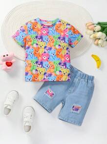 Conjunto de Camiseta Casual de Manga Curta com Estampa de Urso Jovem + Shorts em Denim Desgastado de Urso para Meninos Jovens