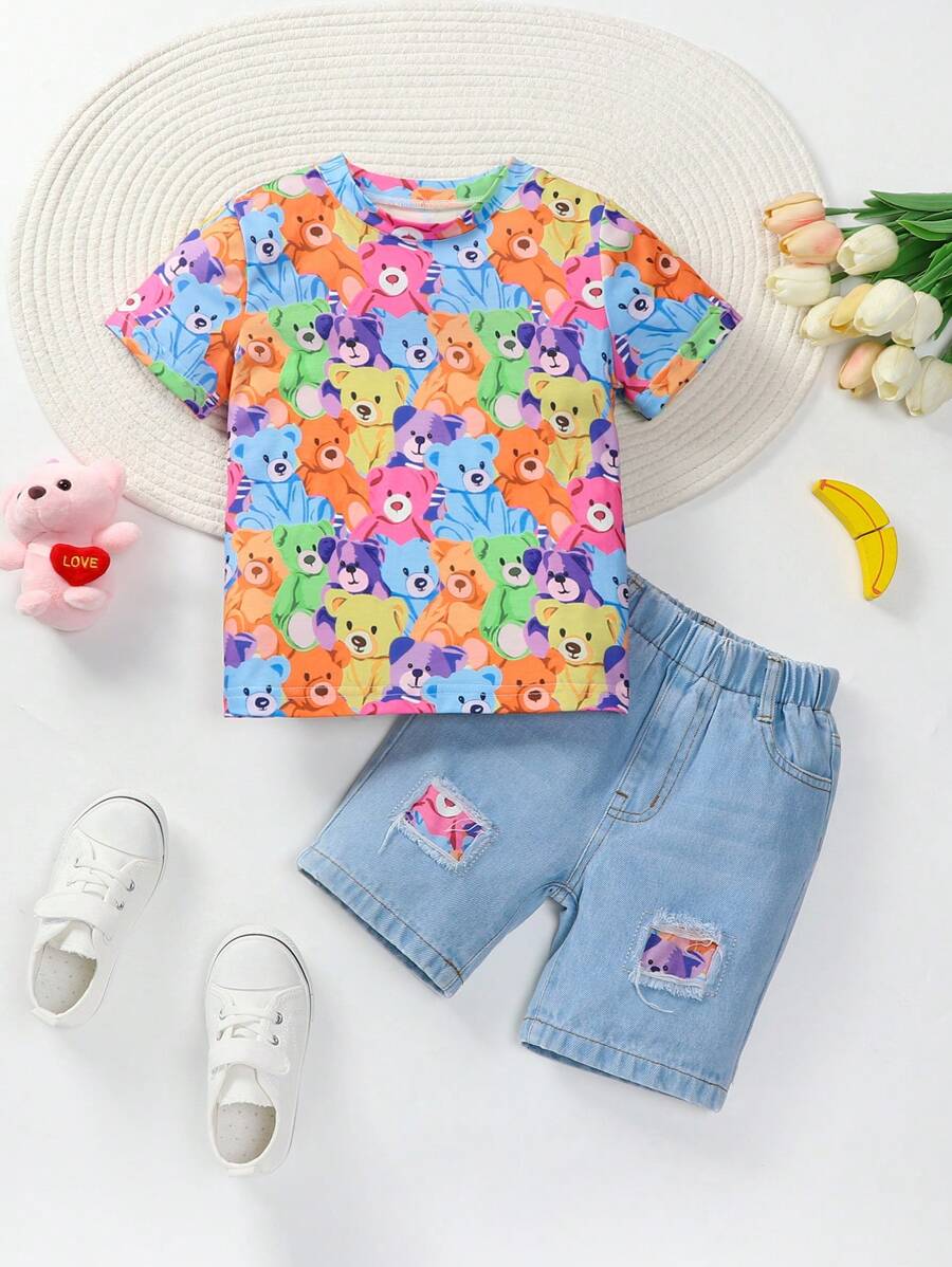 Conjunto de Camiseta Casual de Manga Curta com Estampa de Urso Jovem + Shorts em Denim Desgastado de Urso para Meninos Jovens