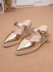 Nuevo Llegado Zapatos de Tacón de Cuña con Plataforma Gruesa y Decoración de Cuerda para Mujer, Adecuados para Actividades al Aire Libre, Uso Casual - Dorado - Ver 5