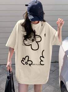 DAZY T-shirt casual oversize da donna per l'estate con stampa floreale e slogan, girocollo, magliette grafiche