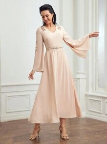 MOTF PREMIUM V-NECK CONTRAST SEQUIN BELL SLEEVE DRESS - Apricot - View 5