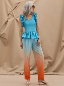 SHEIN LUNE 女式夏季純色V領接縫鬆緊收腰不規則下擺休閒背心上衣 - 薄荷藍 - 查看 4
