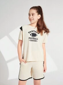 SHEIN Conjunto de ropa deportiva para niña preadolescente, camiseta de cuello redondo de manga corta y shorts, 2 piezas