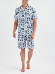 男士時尚印花短袖襯衫和短褲睡衣套裝 - 彩色 - 查看 3