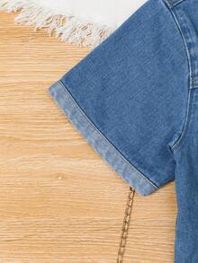 Conjunto para niña preadolescente de camisa de mezclilla azul con bordado de manga corta y pantalones cortos lavado mediano - Azul lavado medio - Ver 6