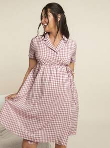 SHEIN Maternity Home Wear Sailor Collar Short Sleeve Knee-Length Casual Woven Plaid Pregnancy Dress