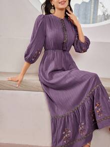 Mulvari 女士優雅花卉刺繡燈籠袖束腰連衣裙，夏季 - 淺灰紫 - 查看 7
